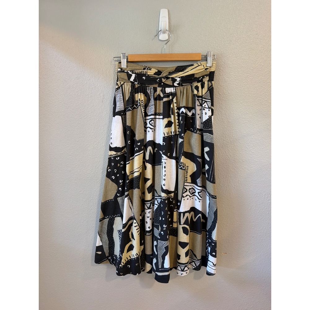 HMJ Abstract Geometric Print Midi Skirt Womens Small Olive Black White Vintage